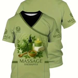 T-shirt de masseur professionnel – Vert olive avec illustration « Massage Relax »