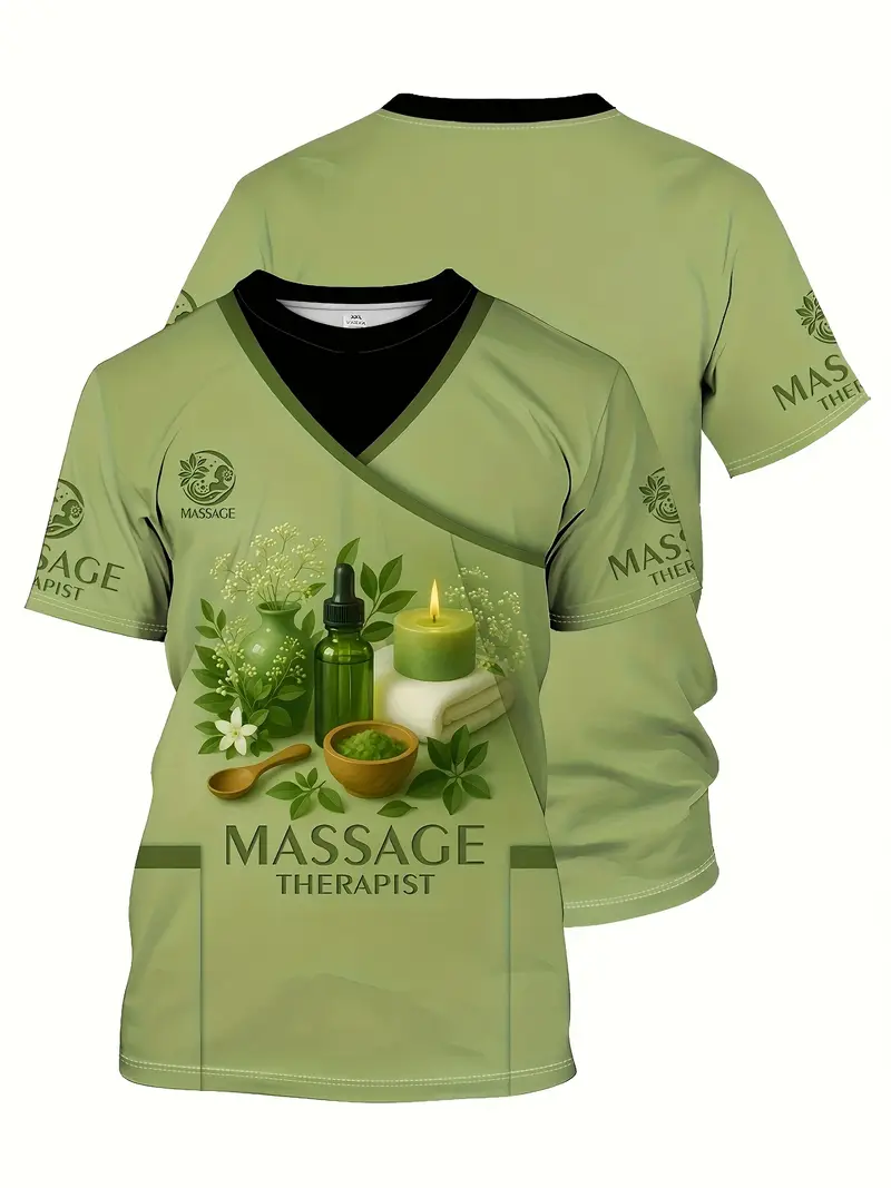 T-shirt de masseur professionnel – Vert olive avec illustration « Massage Relax »