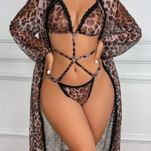 Ensemble de lingerie en dentelle contrastée semi-transparente à imprimé léopard