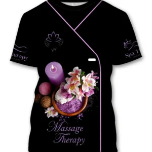 Chemise de travail spa pour femme - Noir avec motif floral violet et bougies