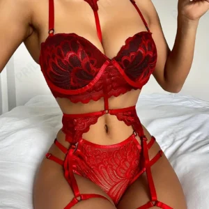 Sexy Red Lace Bra Set for Women - Floral Pattern, Adjustable Straps,