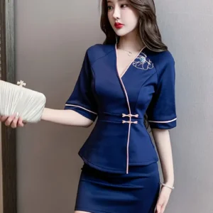 Ensemble robe moulante à manches courtes et col en V pour femme