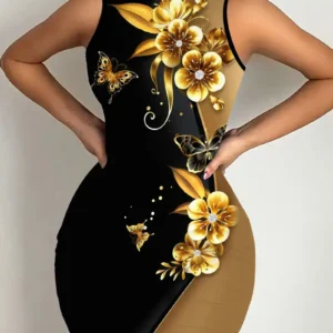 Robe courte moulante sexy à col montant et imprimé papillons et roses dorées 3D pour femme