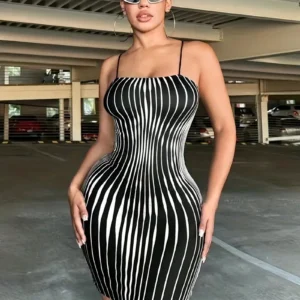 Robe moulante à imprimé rayé, robe sexy sans manches à bretelles spaghetti pour le printemps et l'été, vêtements pour femmes