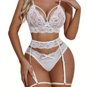 Ensemble 4 pièces mini-maillot de bain nuisette sexy en dentelle avec nuisette en maille